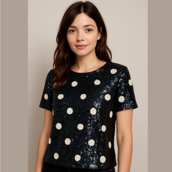 J. Crew Black Polka Dot Sequin Short Sleeve Blouse - Picture 2 of 6